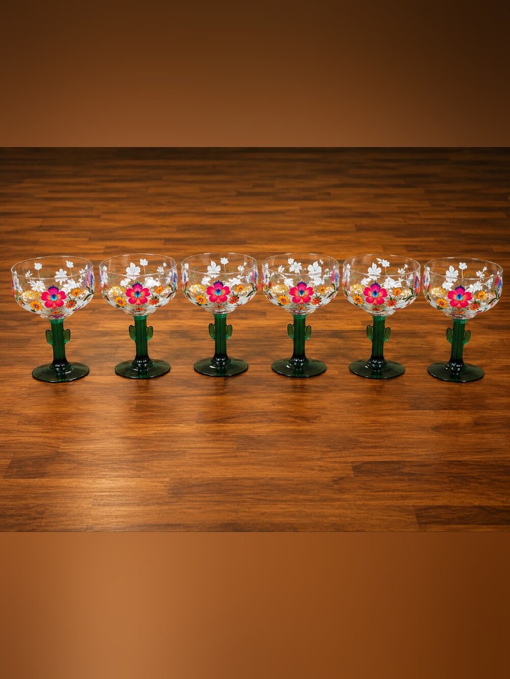 🌵 Set of 6  Cactus Margarita Glasses | Colorful Floral Design Uv DTF  🌸
